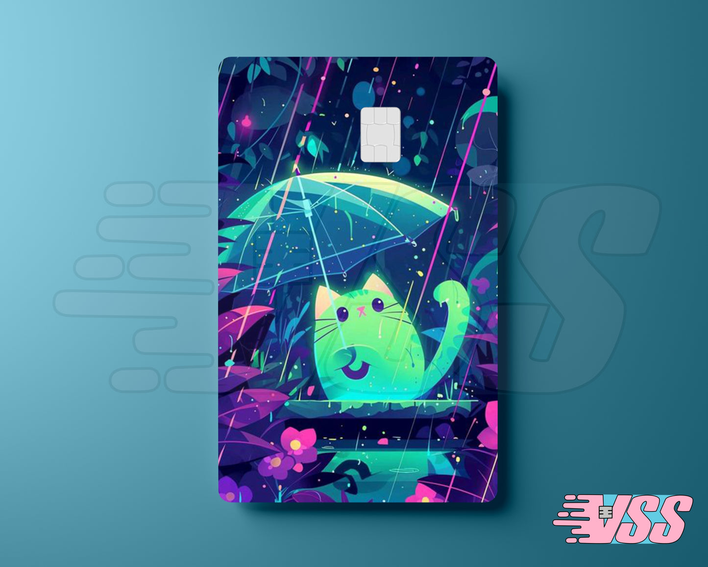 Neon Cat Raining Card Cover